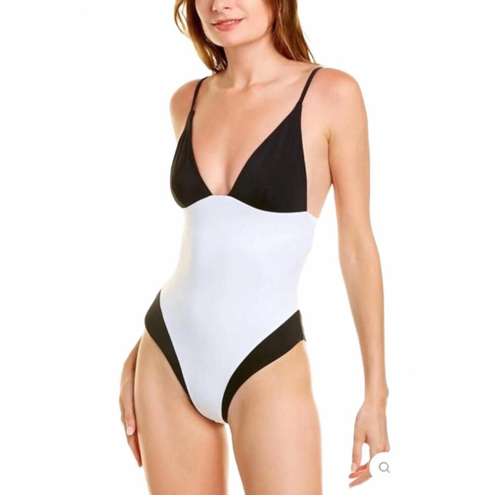 NEW ONIA colorblocked triangle one-piece swimsuit in white/black